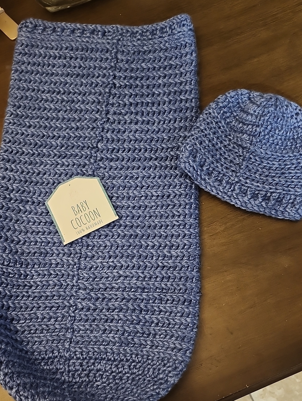 Handmade Baby Cocoon Swaddle Set - Blue Knit with Matching Hat